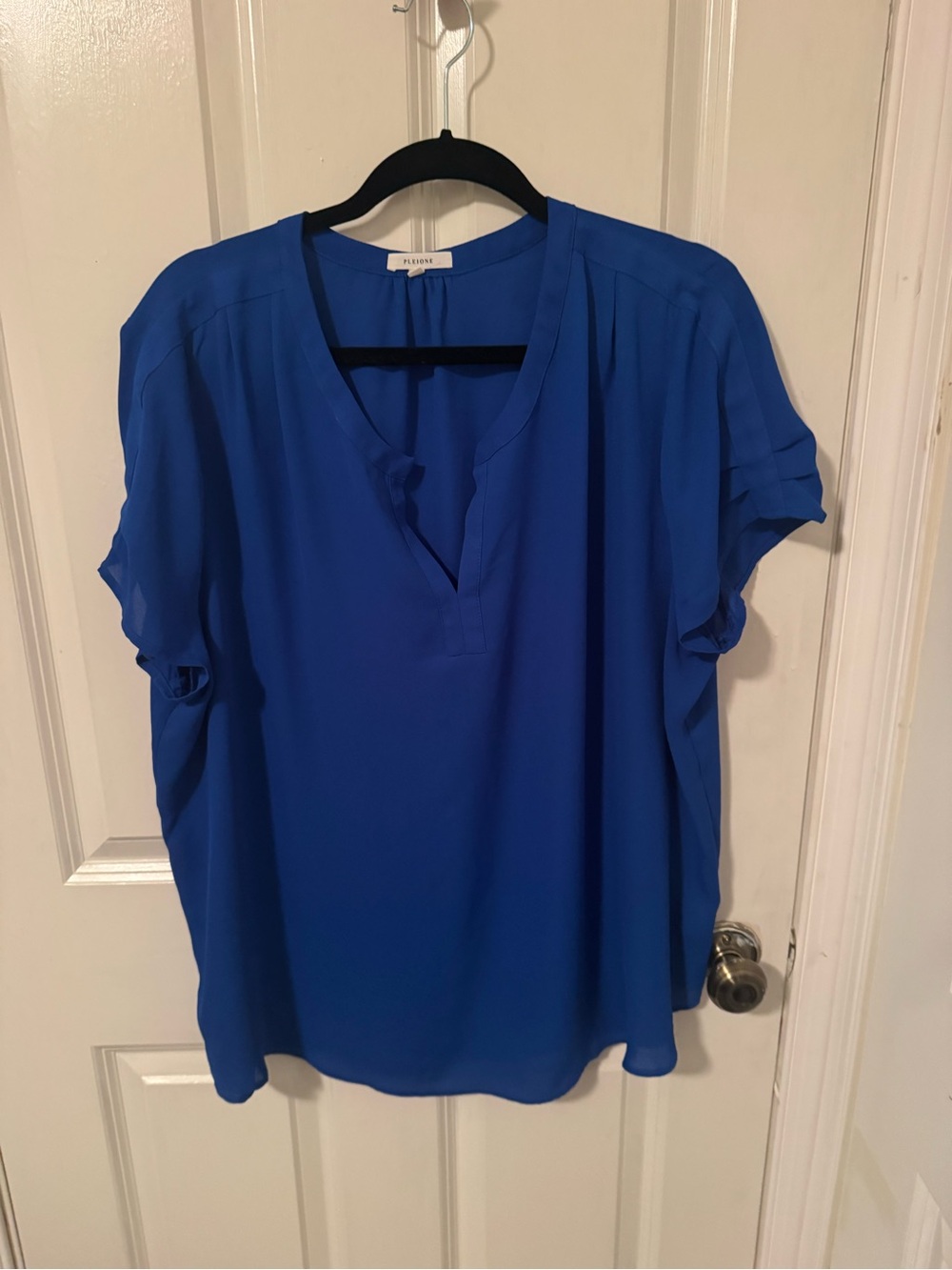 Pleione Cobalt Split-Neck Short Sleeve Blouse